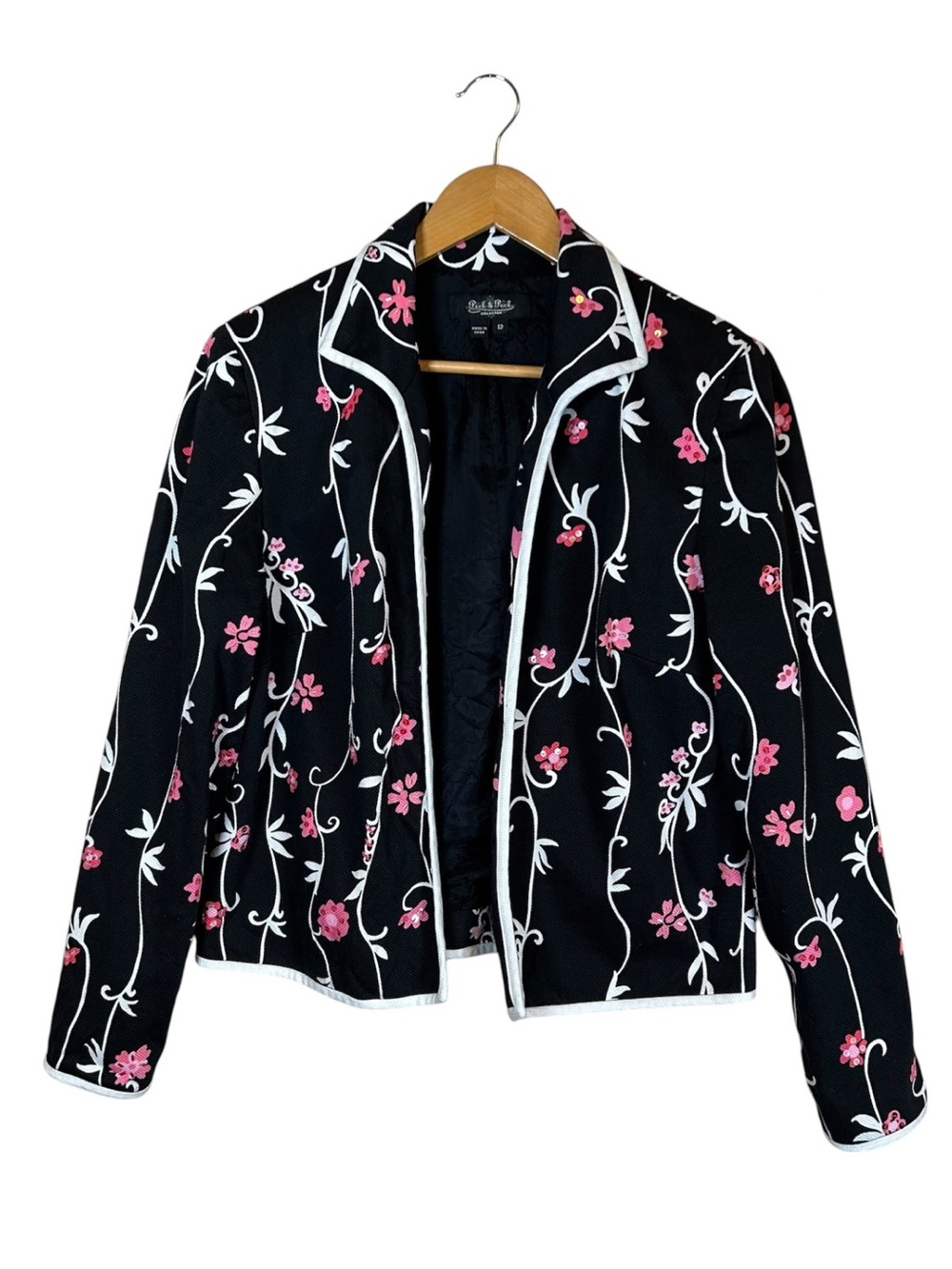 Peck & Peck women's black floral embroidered blazer pink white Sz 12  #276